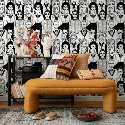 Black and White Faces Removable Wallpaper Scandinavian Wallpaper Peel and Stick Wallpaper Wall Paper - B295