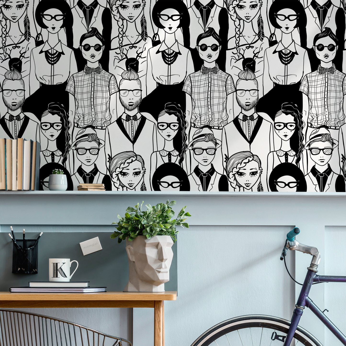 Black and White Faces Removable Wallpaper Scandinavian Wallpaper Peel and Stick Wallpaper Wall Paper - B295