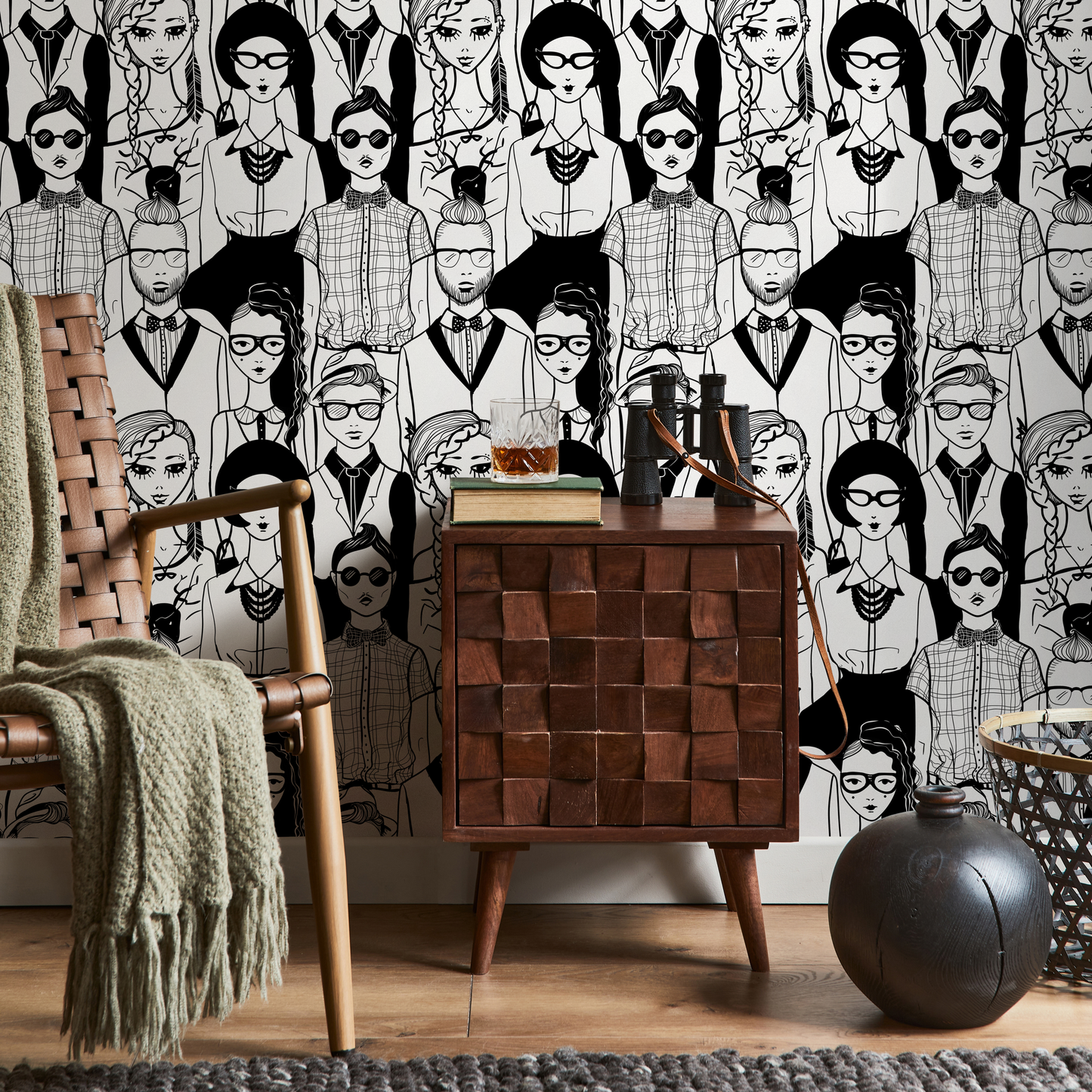 Black and White Faces Removable Wallpaper Scandinavian Wallpaper Peel and Stick Wallpaper Wall Paper - B295