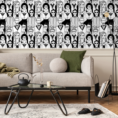 Black and White Faces Removable Wallpaper Scandinavian Wallpaper Peel and Stick Wallpaper Wall Paper - B295