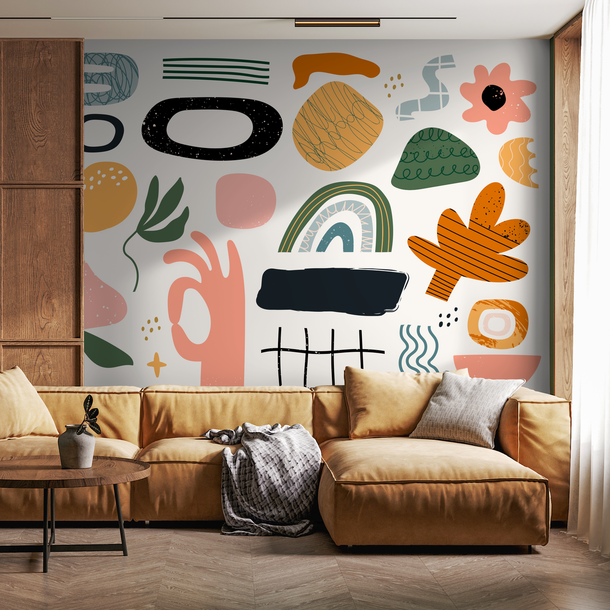 Modern Abstract Wallpaper with Scandinavian Doodles and Shapes in Black, Orange, and Green - detail view