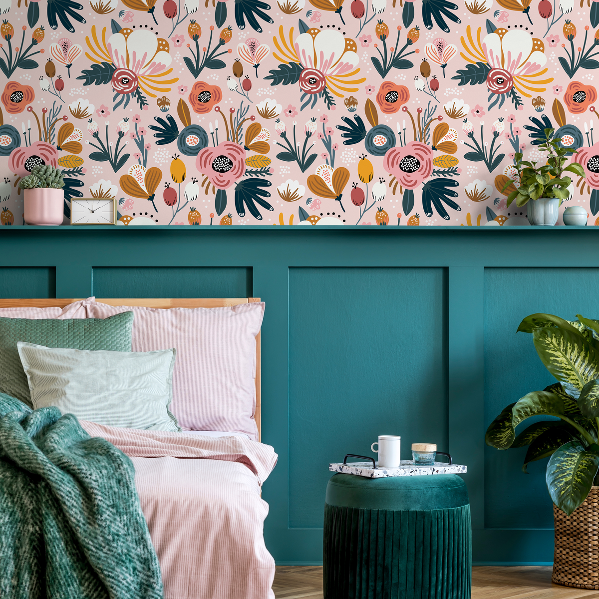 Floral Wallpaper with Folk Art Motifs in Pink, Yellow, and Teal - detail view