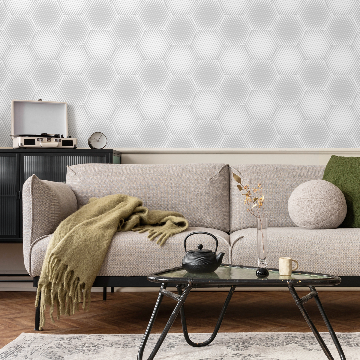 Geometric Wallpaper with an Optical Illusion Hexagon Motif in Light Grey - detail view