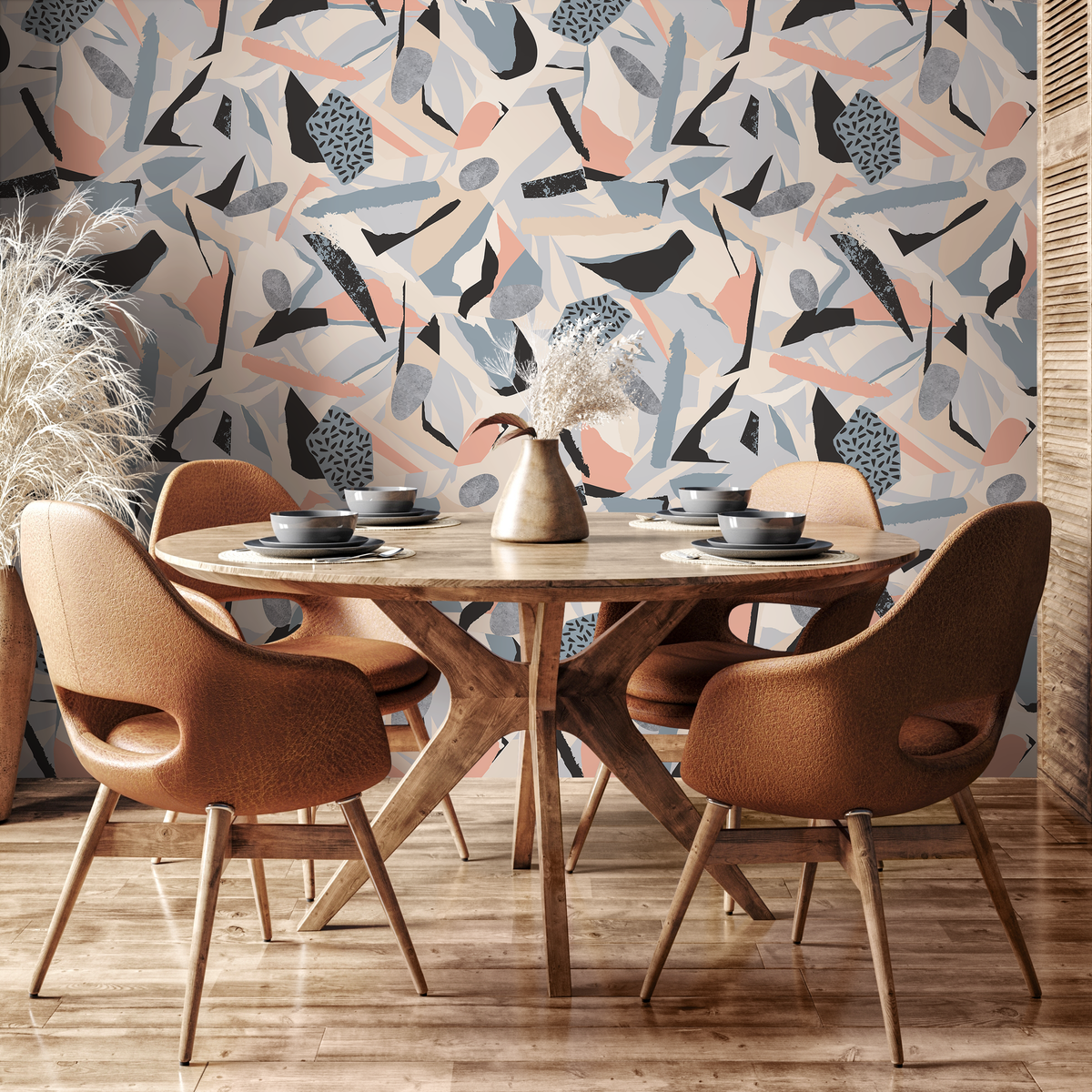 Abstract Wallpaper with a Torn Paper Collage in Beige, Blue, and Black - detail view