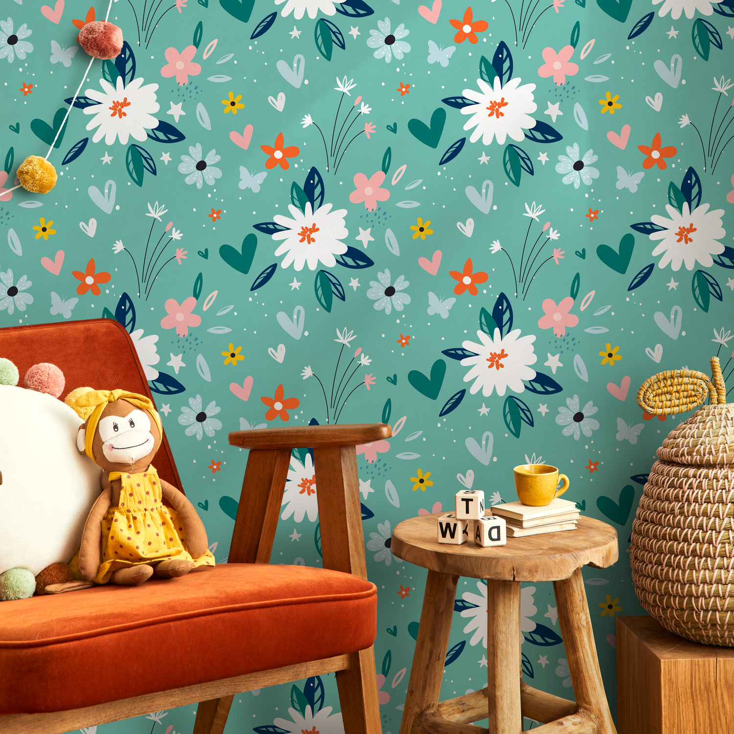 Floral Wallpaper with a Whimsical Meadow Motif in Teal, White, and Pink - B307