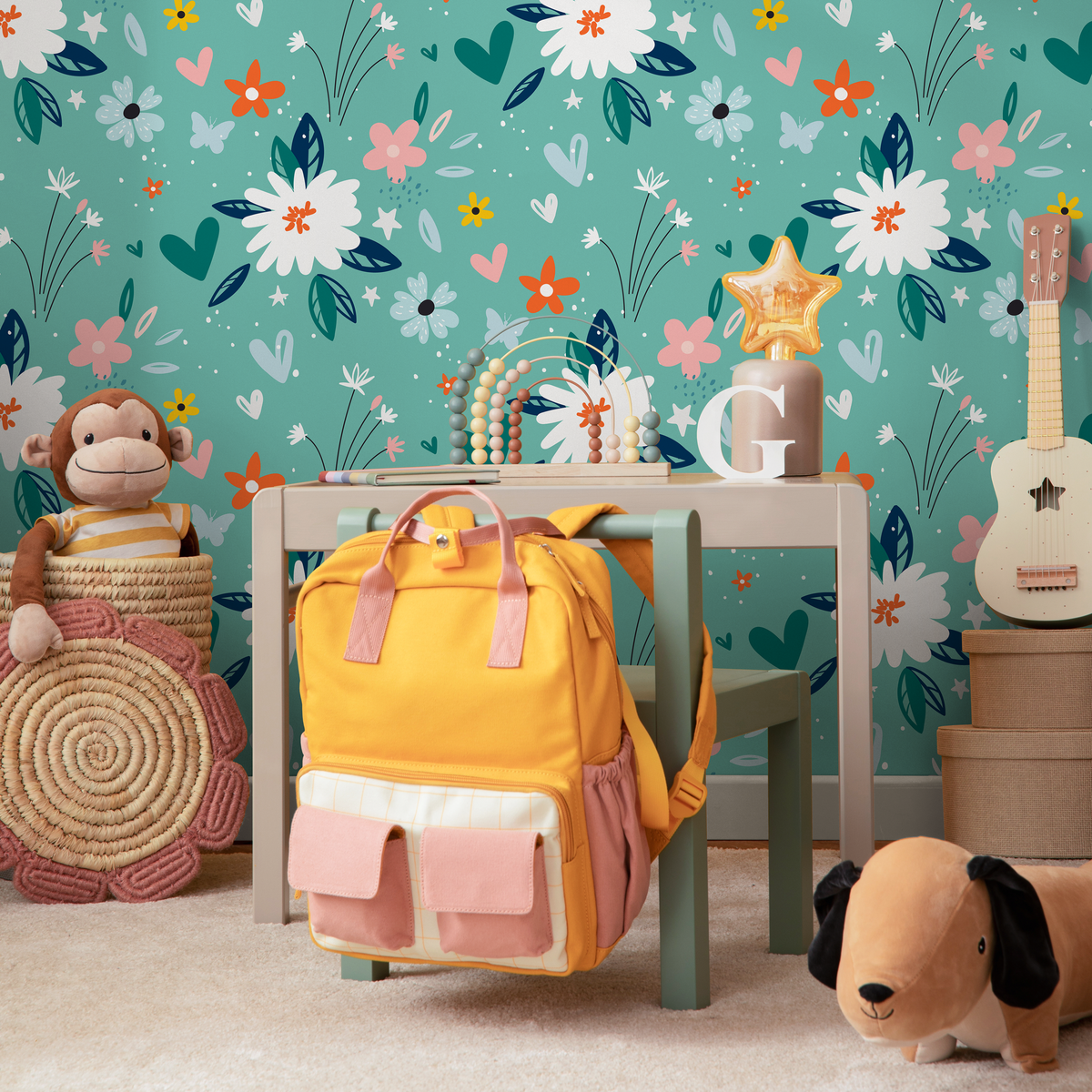 Floral Wallpaper with a Whimsical Meadow Motif in Green Teal, White, and Pink - detail view