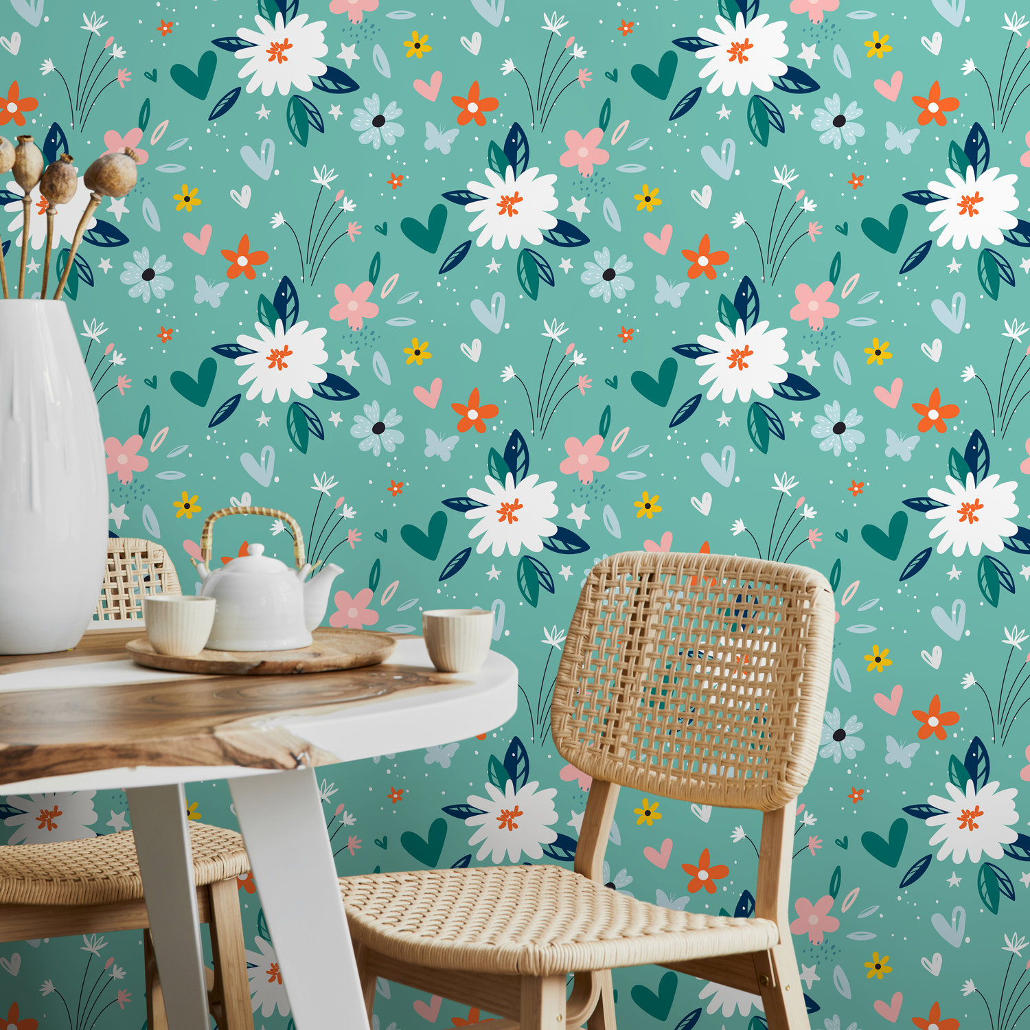 Floral Wallpaper with a Whimsical Meadow Motif in Teal, White, and Pink - B307