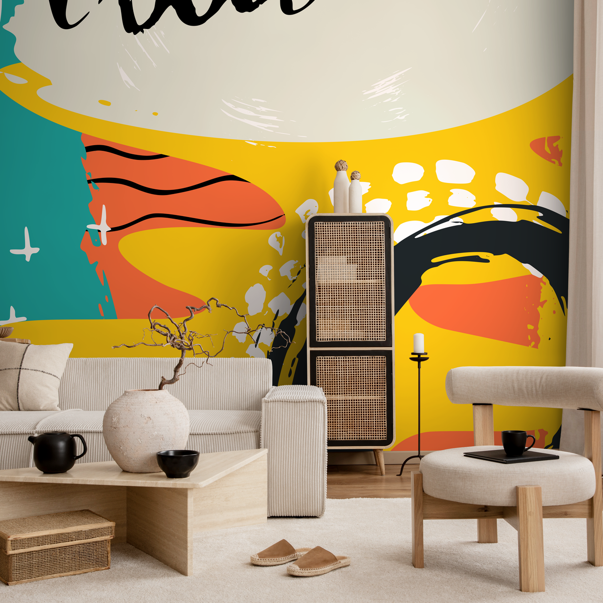Abstract Wallpaper with Bold Shapes and Scribbles in Teal, Yellow, and Black - detail view