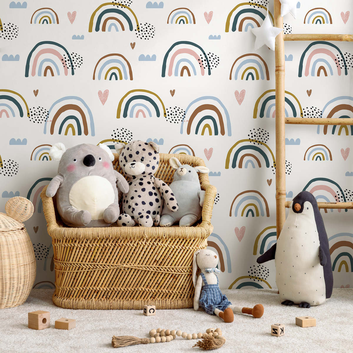 Rainbow Wallpaper Featuring Bohemian Arches in Blue, Pink, and Brown - detail view