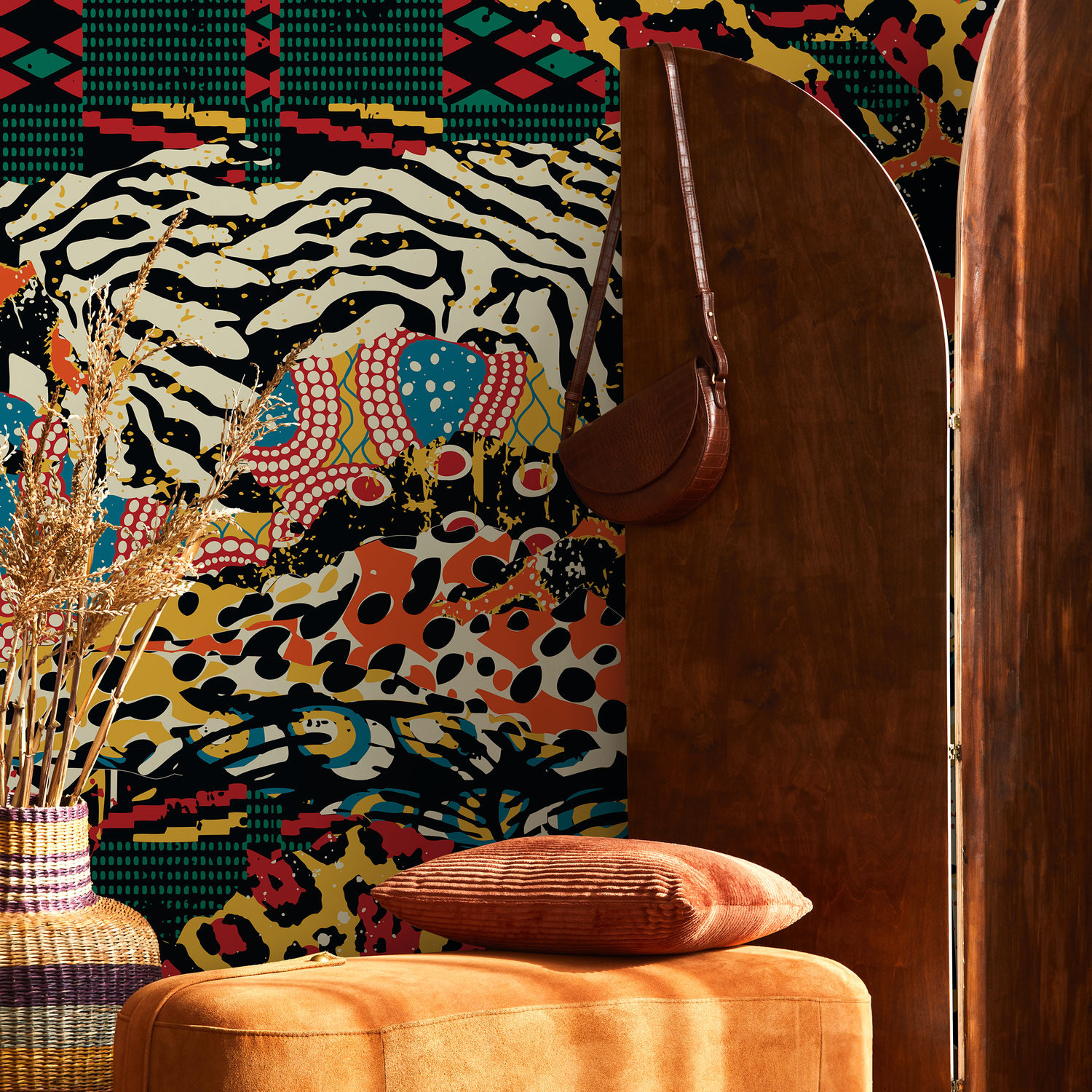 Tribal Wallpaper with Abstract Patchwork Motifs in Red, Yellow, and Black - B313