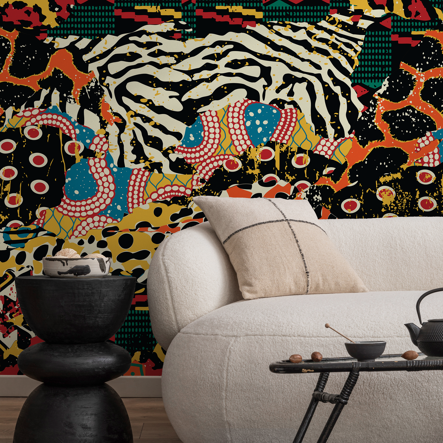 Tribal Wallpaper with Abstract Patchwork Motifs in Red, Yellow, and Black - B313
