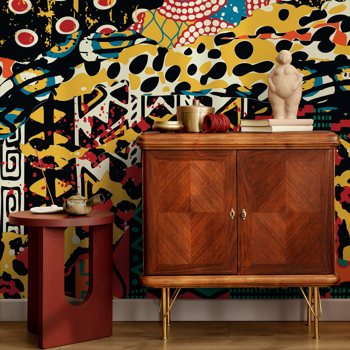 Tribal Wallpaper with Abstract Patchwork Motifs in Red, Yellow, and Black - detail view