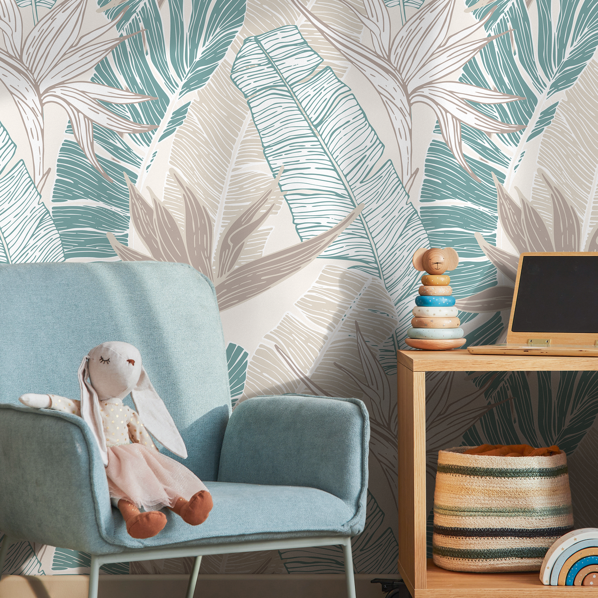 Tropical Wallpaper with Birds of Paradise in Teal and Beige - detail view
