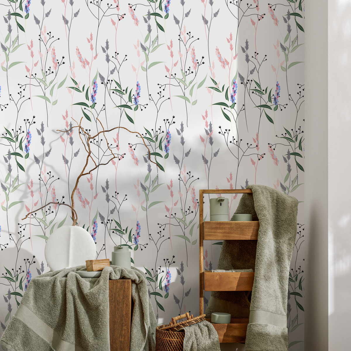 Botanical Wallpaper with a Delicate Wildflower Motif in Pink, Purple, and Green - detail view