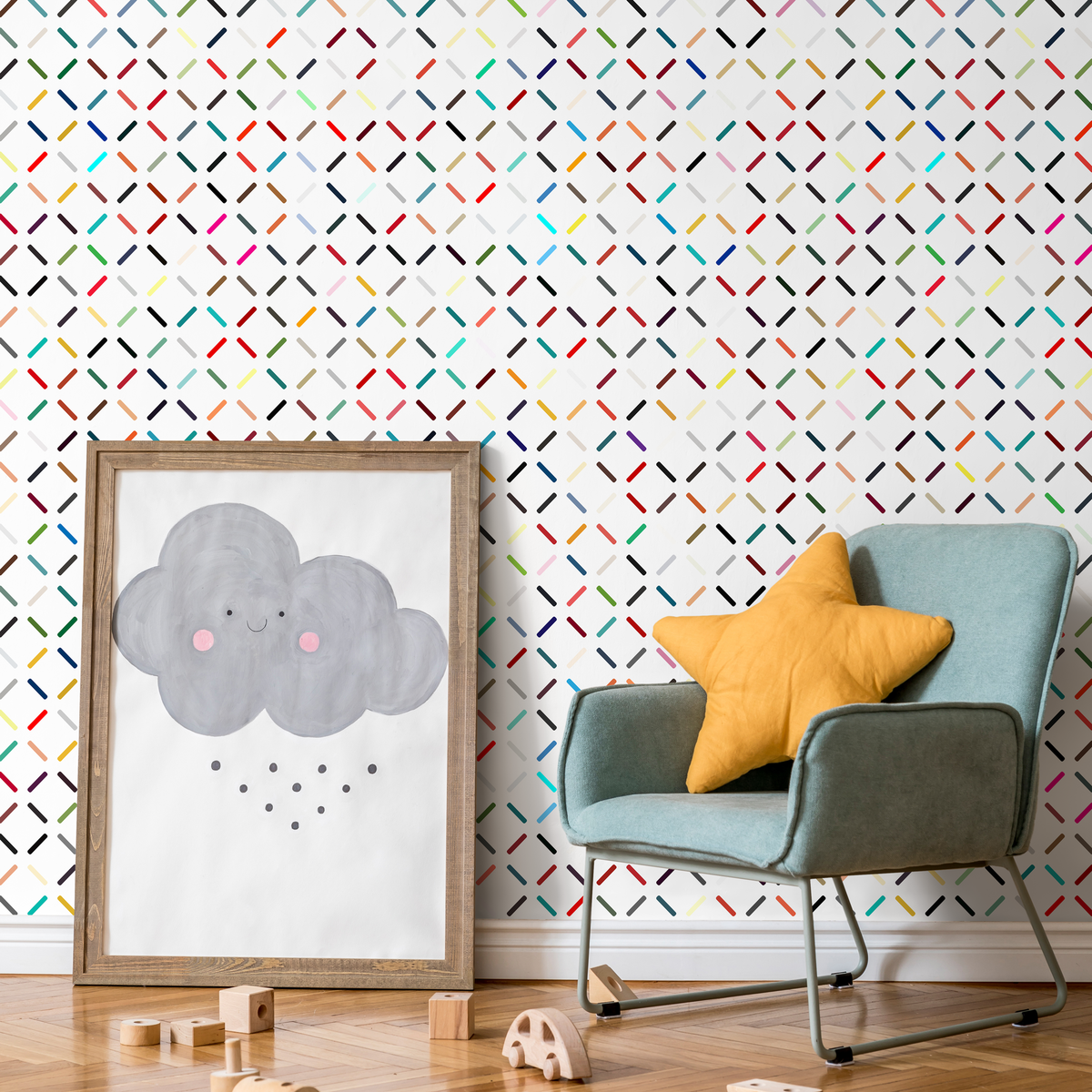 Geometric Wallpaper with a Dashed Line Grid in Red, Blue, and Black - detail view