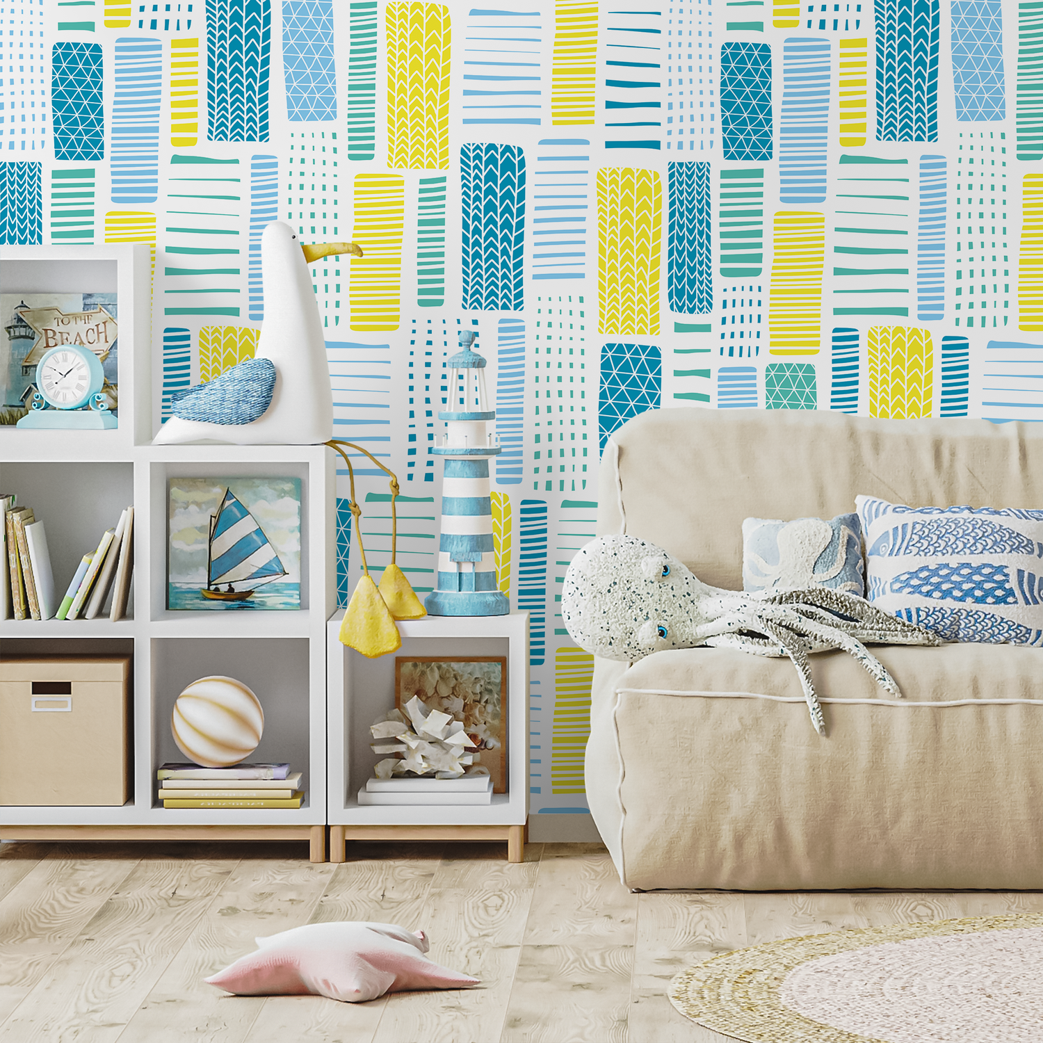 Abstract Wallpaper with Hand-Drawn Blocks in Yellow and Blue - B318