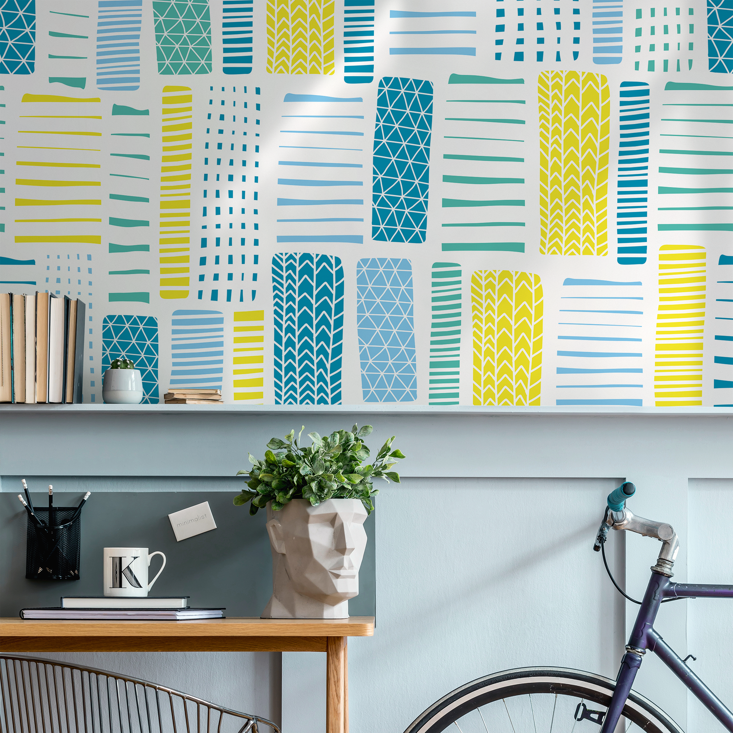 Abstract Wallpaper with Hand-Drawn Blocks in Yellow and Blue - B318