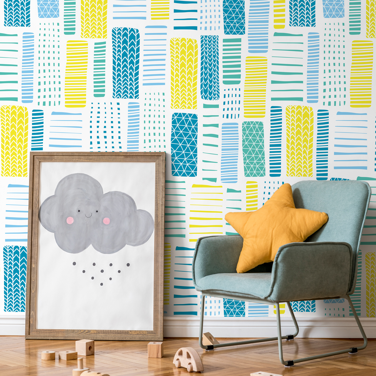 Abstract Wallpaper with Hand-Drawn Blocks in Yellow and Blue - detail view