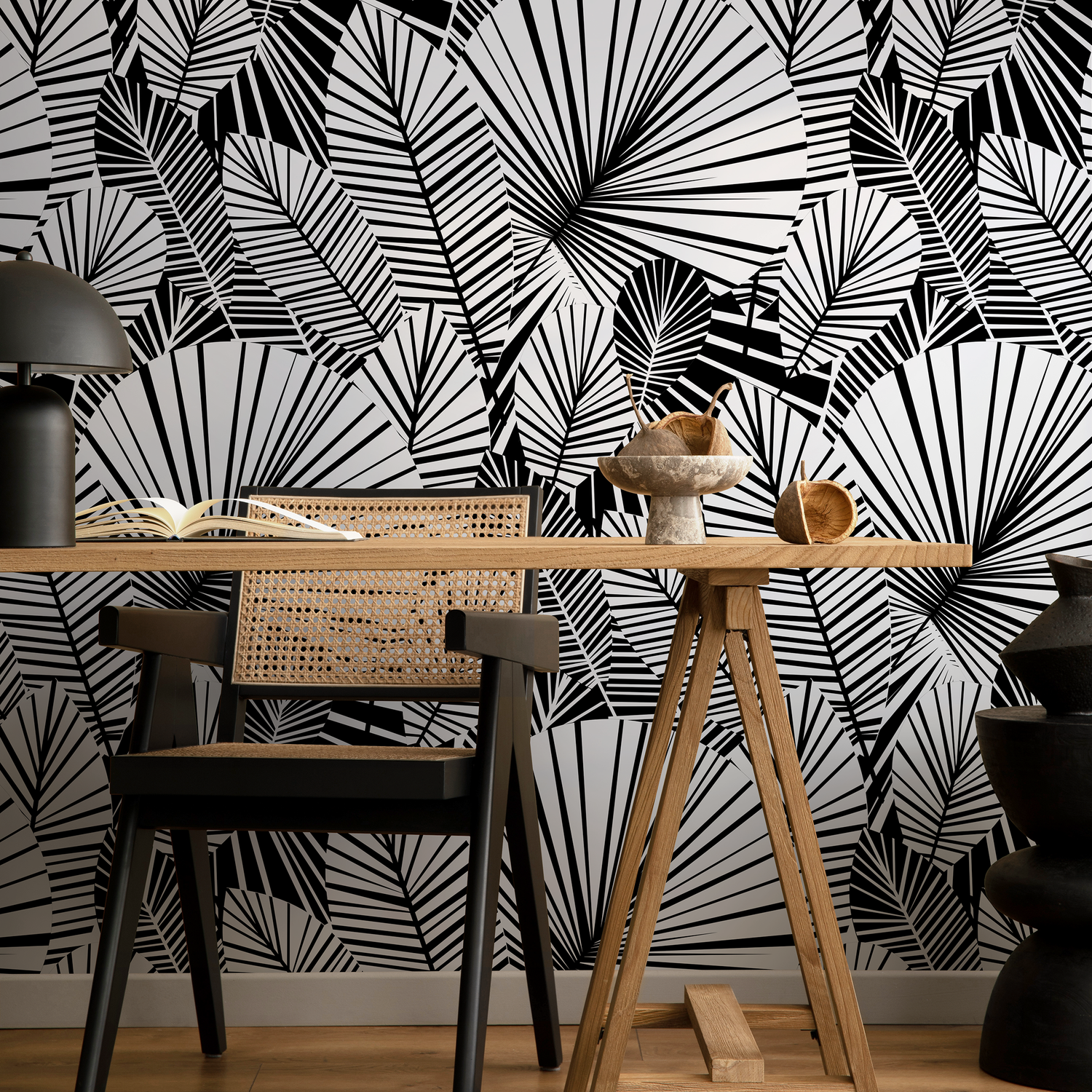 Papier peint autocollant amovible - Décoration d'intérieur - Décoration murale - Décoration de chambre - Papier peint moderne noir et blanc à feuilles - B324