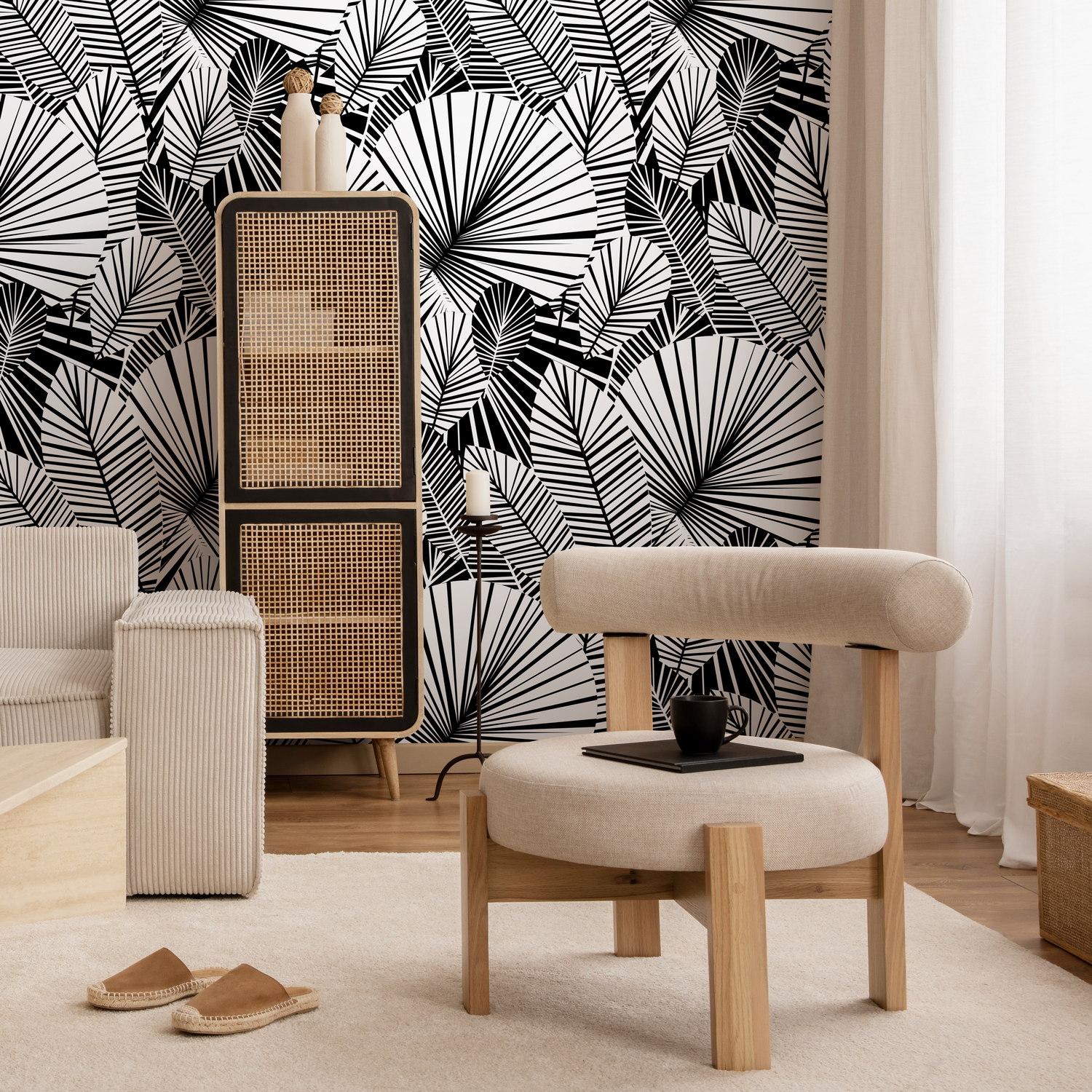 Papier peint autocollant amovible - Décoration d'intérieur - Décoration murale - Décoration de chambre - Papier peint moderne noir et blanc à feuilles - B324