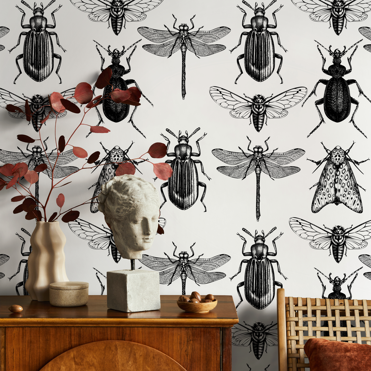 Insect Wallpaper with Vintage Entomology Illustrations in Black and White - detail view
