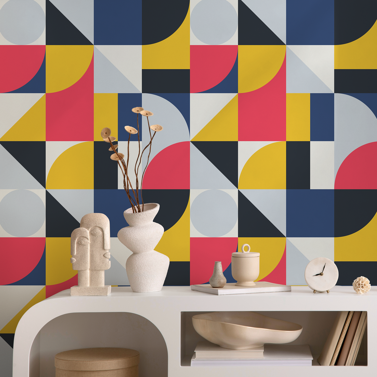 Geometric Wallpaper with a Modern Block Pattern in Pink, Yellow, and Blue - detail view