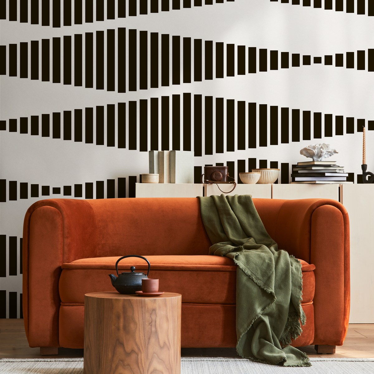 Geometric Wallpaper with Wavy Vertical Lines in Black and White - detail view