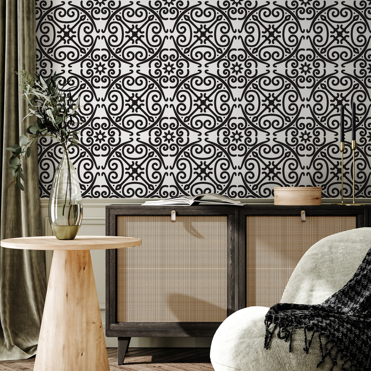Geometric Wallpaper with an Intricate Scrollwork Motif in Black and White - detail view