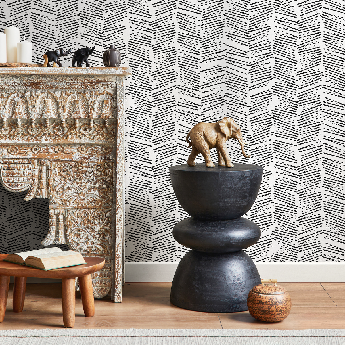 Geometric Wallpaper with a Dashed Herringbone Motif in Black and White - detail view