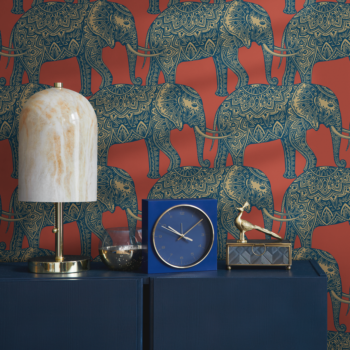 Animal Wallpaper Featuring Ornate Elephants in Red, Blue, and Gold - detail view