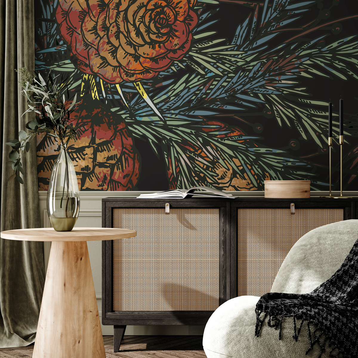 Botanical Wallpaper Featuring a Rustic Pinecone Motif in Orange, Brown, and Green - detail view