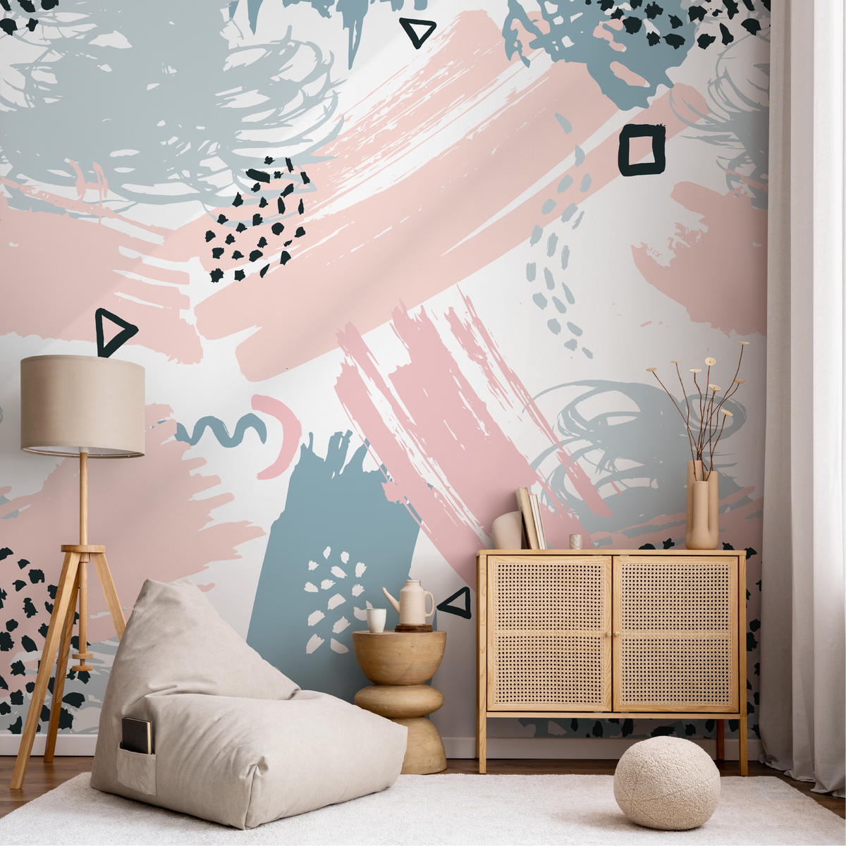 Abstract Wallpaper with Scribbles and Brush Strokes in Pink, Blue, and Black - detail view