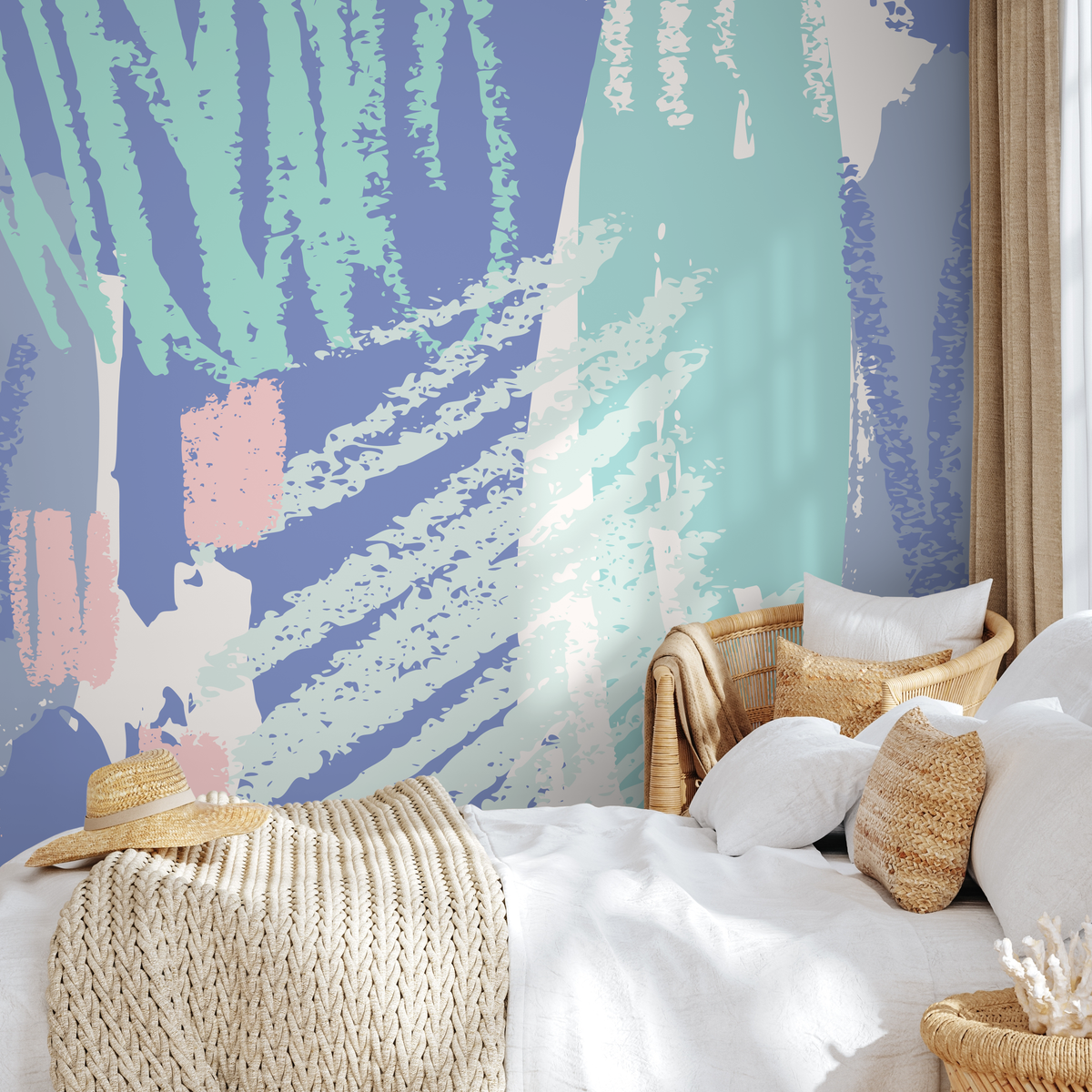 Abstract Wallpaper with Artistic Brushstrokes in Periwinkle, Soft Teal, and Pink - detail view