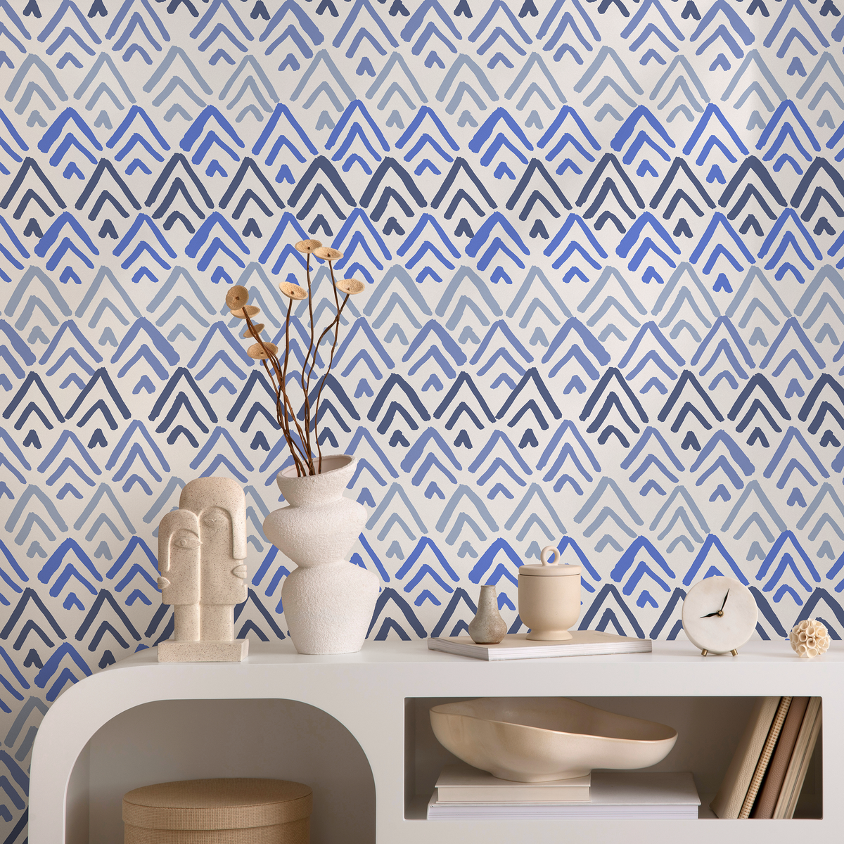 Geometric Wallpaper with a Brushstroke Chevron Motif in Blue and Lavender - detail view