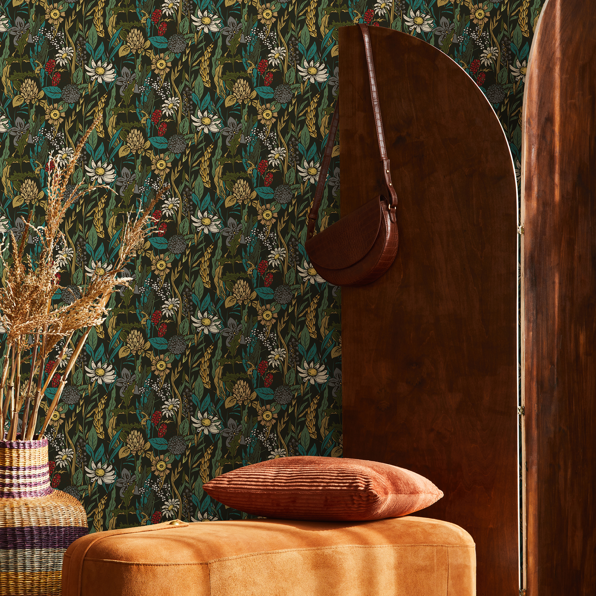 Botanical Wallpaper with a Wildflower Meadow Motif in Yellow, Teal, and Red - detail view