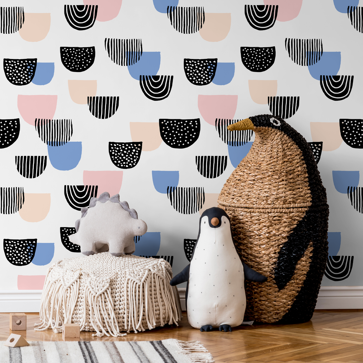 Abstract Wallpaper with Semicircle Shapes in Black, Pink, and Blue - detail view