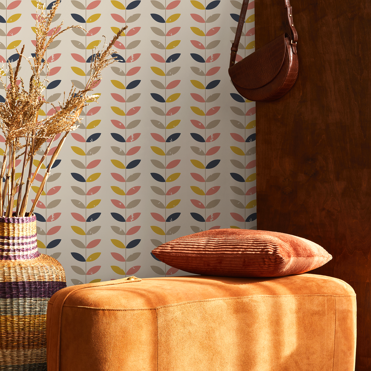 Geometric Wallpaper Featuring Stylized Leaf Vines in Pink, Yellow, and Blue - detail view