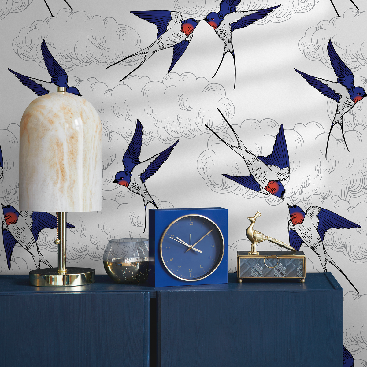 Chinoiserie Wallpaper featuring Flying Swallows in Blue, Red, and Black - detail view