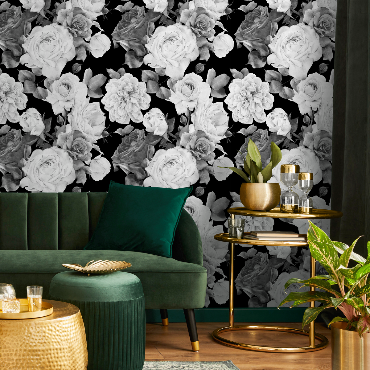 Floral Wallpaper with a Dramatic Rose Collage in Black and White - detail view