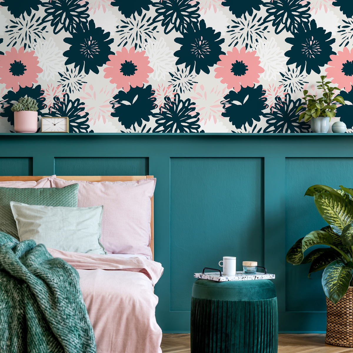 Floral Wallpaper with Bold Graphic Blooms in Navy and Pink - detail view