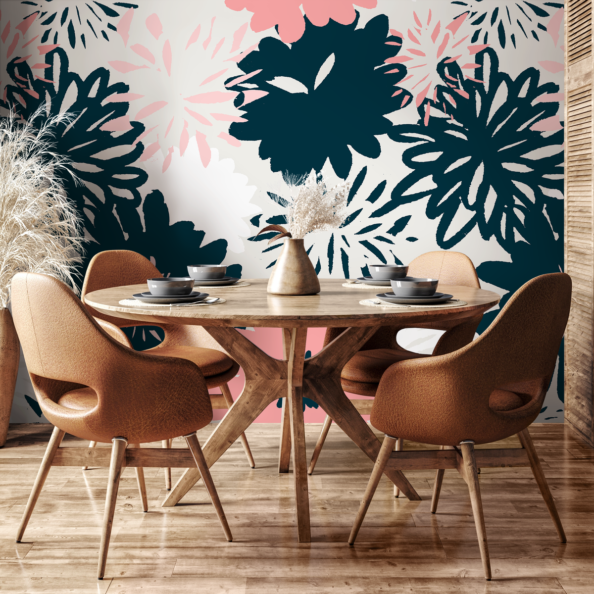 Abstract Floral Wallpaper with Bold Hand-Drawn Blooms in Navy Blue and Pink - detail view