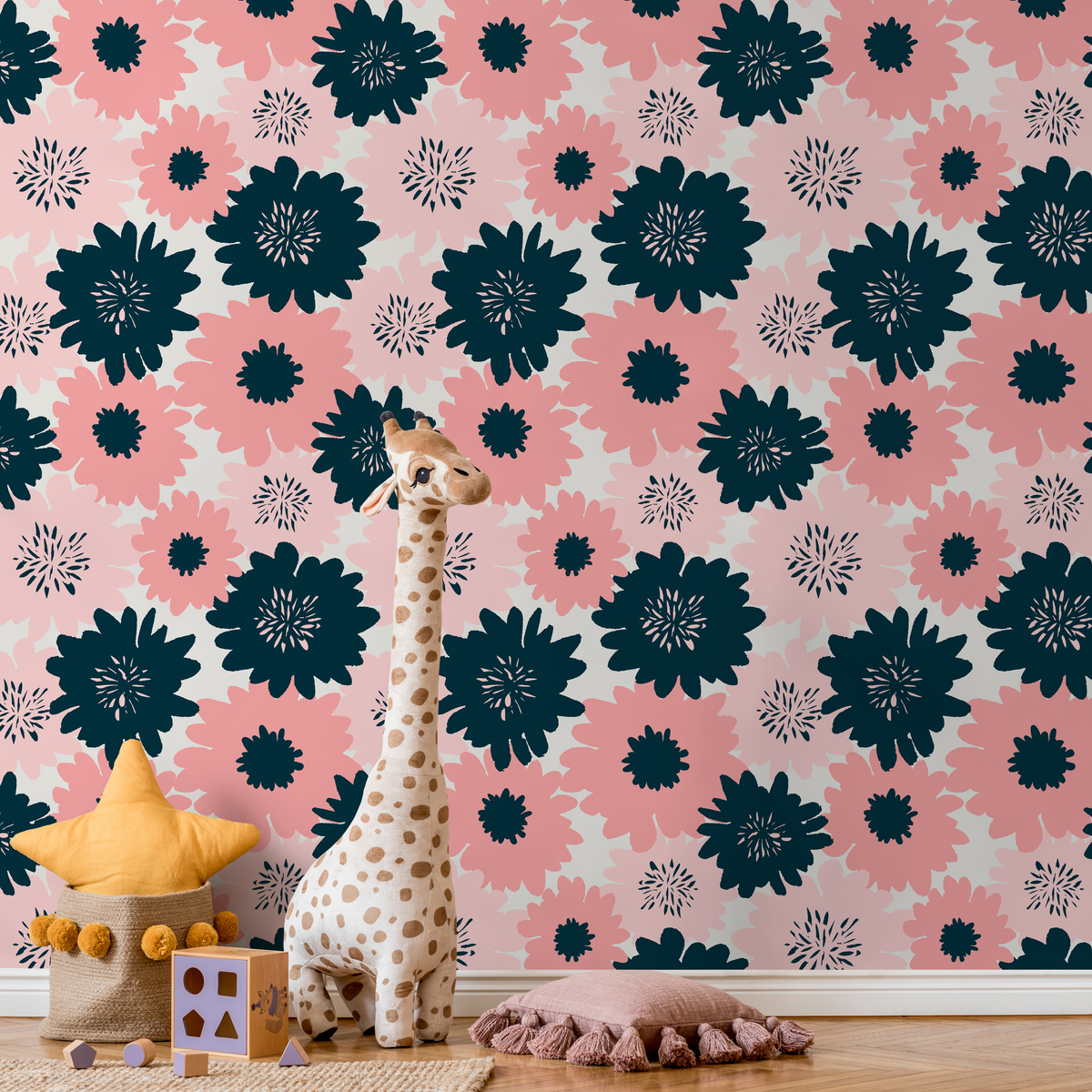 Floral Wallpaper Featuring Bold Graphic Blooms in Navy and Pink - detail view