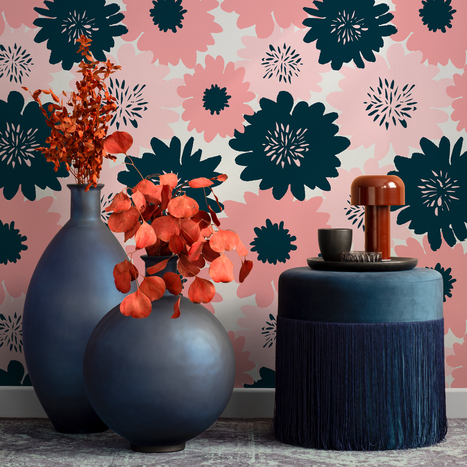 Floral Wallpaper Featuring Bold Graphic Blooms in Navy Blue and Pink - B373