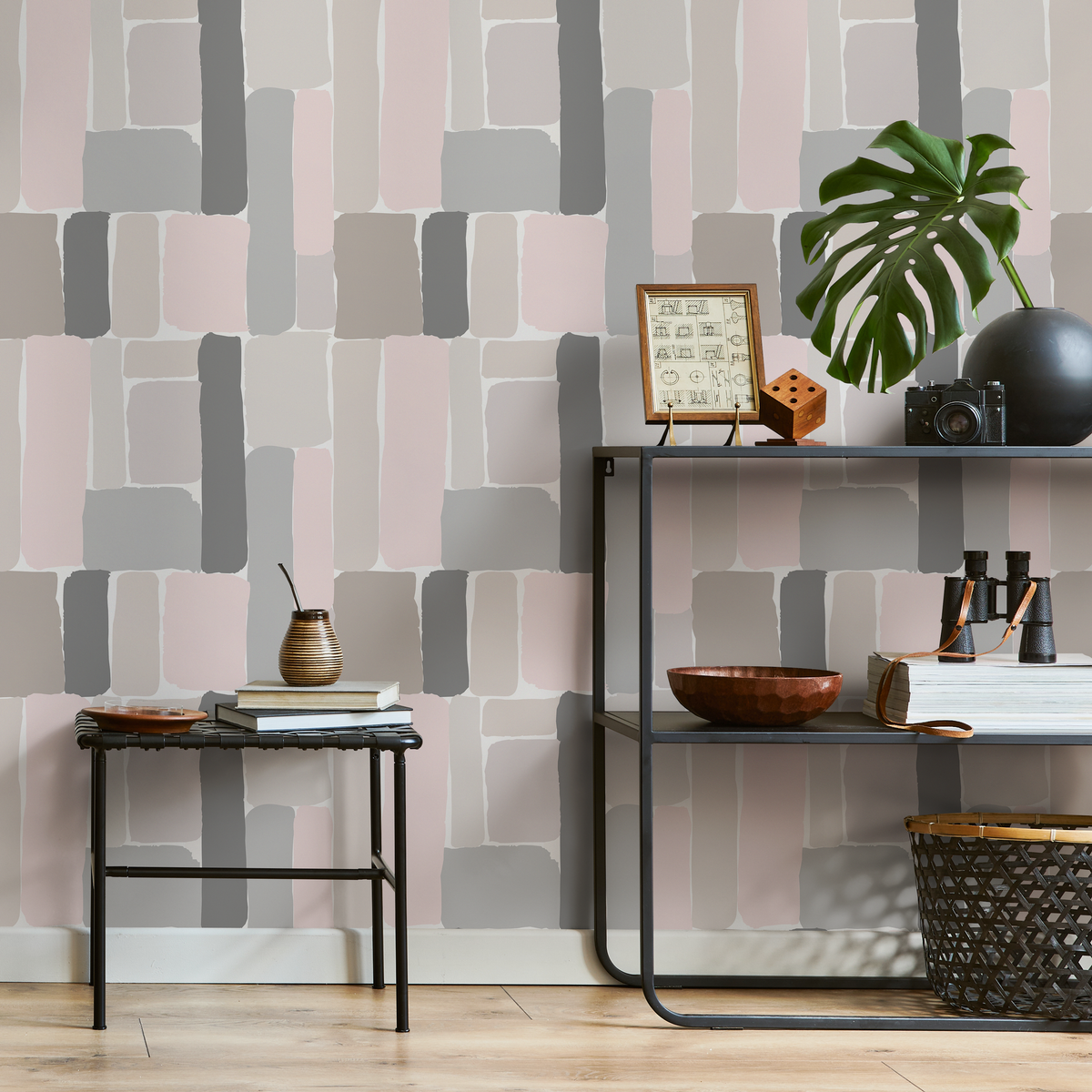 Abstract Wallpaper with Painterly Blocks in Pink, Gray, and Taupe - detail view