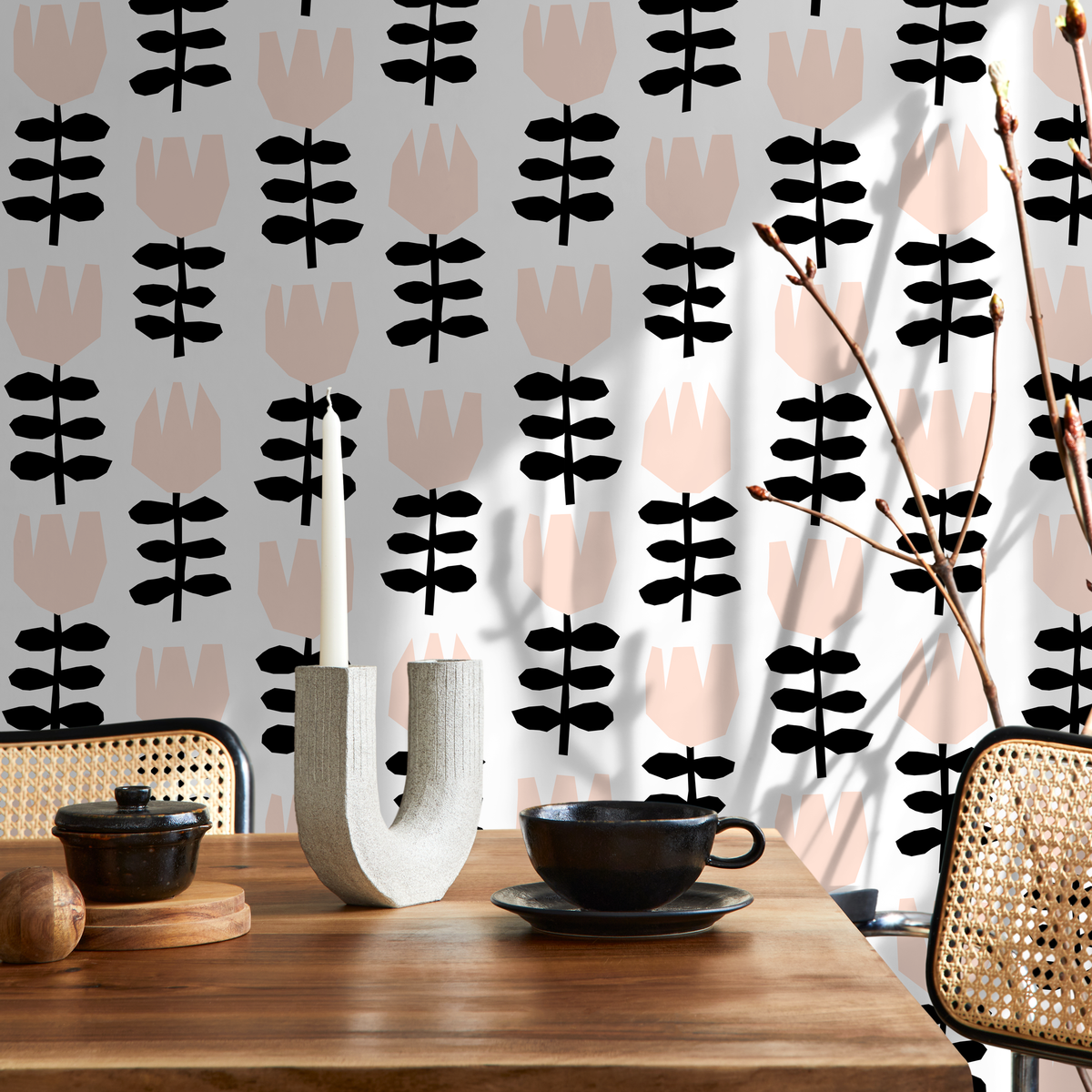Floral Wallpaper Featuring Stylized Tulips in Pink and Black - detail view