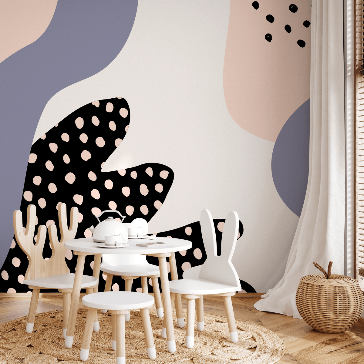 Abstract Mural Wallpaper with Organic Forms in Lavender, Blush, and Black - detail view