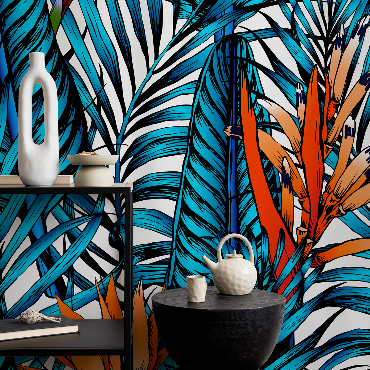 Tropical Wallpaper with Birds of Paradise in Blue, Orange, and Purple - detail view