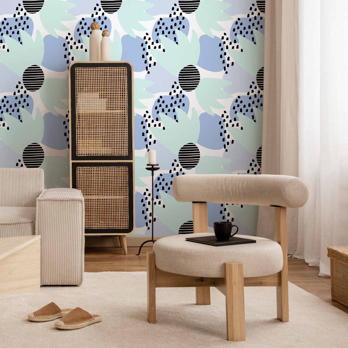 Abstract Wallpaper with Shapes and Dots in Blue, Green, and Black - detail view