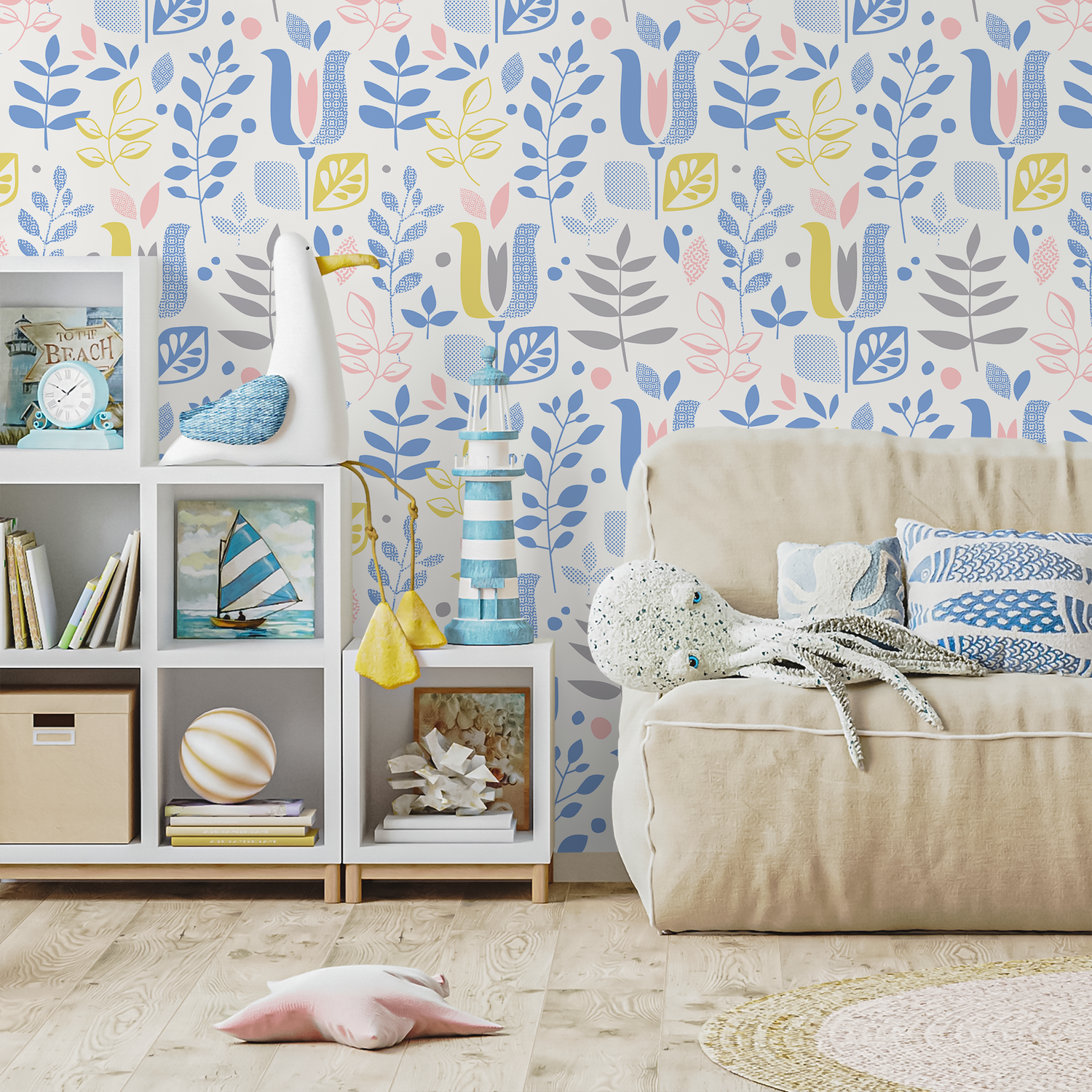 Papel pintado decorativo de pared, autoadhesivo, extraíble, para el hogar, decoración de habitaciones, papel pintado escandinavo con hojas en tonos pastel - B384
