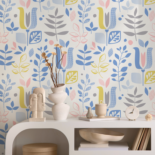 Wall Decor Wallpaper Peel and Stick Wallpaper Removable Wallpaper Home Decor Room Decor / Pastel Color Leaves Scandinavian Wallpaper - B384